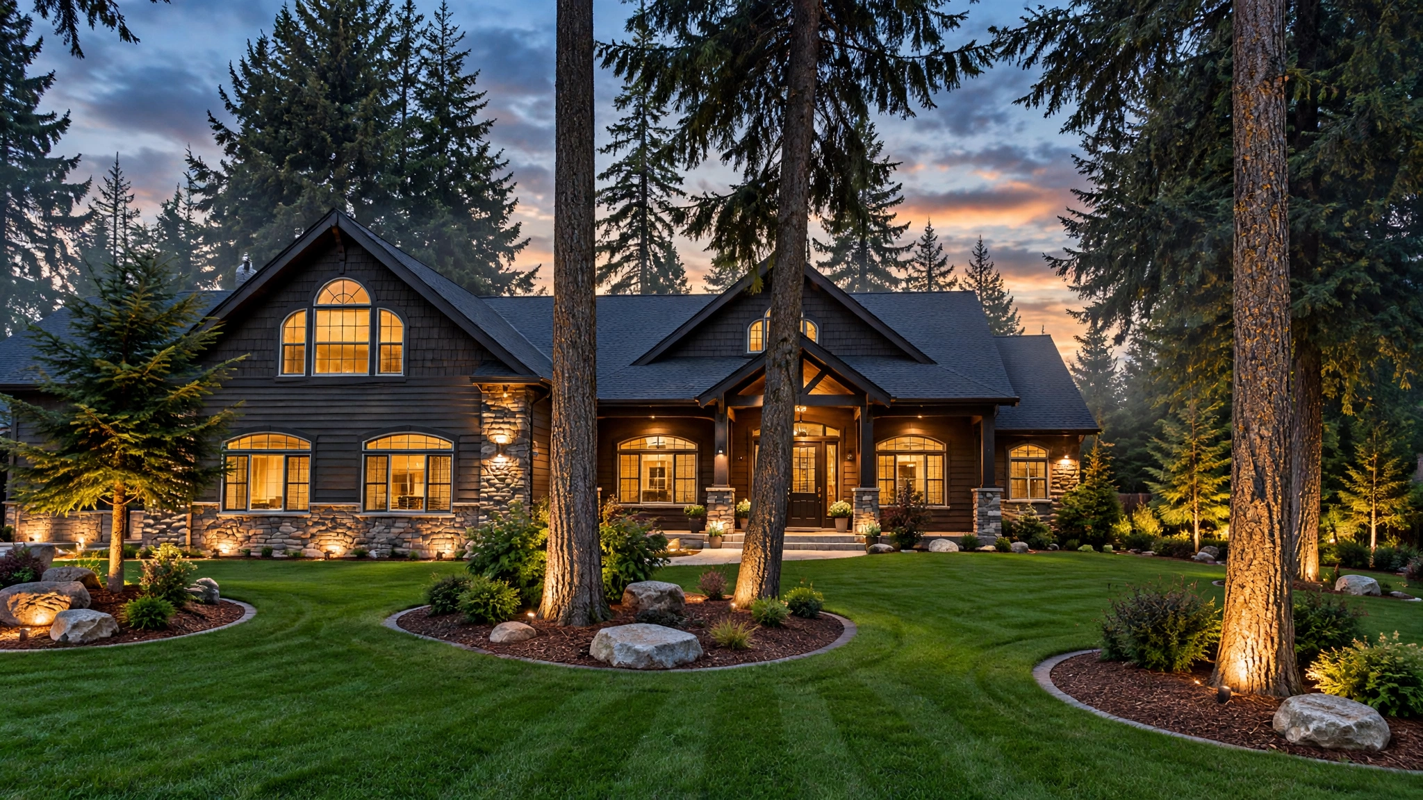 Remodeled North Idaho home at twilight by Black Diamond Roofing
